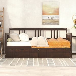 Twin Daybed Bed, SEGMART Captain Sofa Bed with 2 Storage Drawers, Wood Twin Daybed Bed with 10 Slats Strong Support, Farmhouse Style Solid Wood Bedframe for Kid's Room, Teens, Espresso, SS2660
