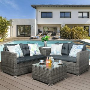 Clearance! Wicker Patio Sets, 4 Piece Patio Furniture Sets with Loveseat Sofa, Storage Box, Tempered Glass Coffee Table, All-Weather Patio Conversation Set with Cushions for Backyard, Garden, LLL1098