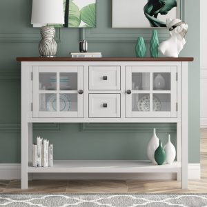 Living Room Tables, Modern Stylish Sofa Table with Storage, Wood Console Table Buffet Sideboard with 2 Drawers and 2 Cabinets, Entryway Foyer Table, High-End Hallway Table, White and Brown, SS618