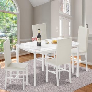 Kitchen Table and 4 Chairs Set, Metal Kitchen Table Sets Faux Marble Rectangular Breakfast Table w/Metal Legs & Black Finish Frame, Dining Table Sets for an Apartment Breakfast, S12528