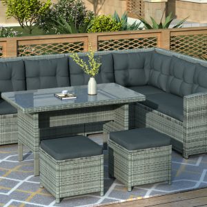 Outdoor Conversation Set, 6 Piece Patio Furniture Set with Loveseat Sofa, Ottoman, Tempered Glass Table, All-Weather Patio Rattan Dining Set with Cushions for Backyard, Porch, Garden, Pool, L4855