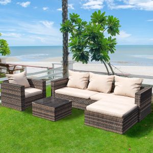 4 Piece Outdoor Patio Furniture Set with Wicker Chair, 3-Seat Sofa, Ottoman, Glass Table, All-Weather PE Rattan Patio Conversation Furniture Set for Backyard, Porch, Garden, Poolside, L4495