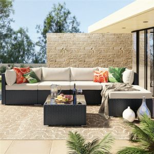 Outdoor Conversation Sets, 6 Piece Patio Furniture Sets with Rattan Wicker Chairs, Ottoman, All-Weather Outdoor Patio Sectional Sofa Set with Cushions for Backyard, Porch, Garden, Poolside, LLL1398