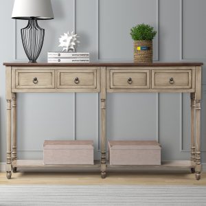 Console Table with 2 Big Storage Drawers, 58" x 11" x 34" Wood Buffet Sideboard Desk with Bottom Shelf, Retro Tall Parsons Console Table Accent Table for Entryway, 99 lbs, Antique Grey, S6393