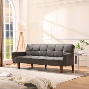 Modern Futon Sofa Bed, Linen Fabric Sleeper Sofa, Convertible Reclining Upholstered Couch Bed with 5 Wood Legs and Armrest, Foldable Couch Sofa Bed for Living Room, Office, Apartment, B1030