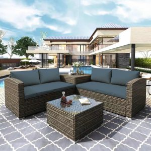 4 Piece Outdoor Patio Furniture Set, 2 Rattan Patio Chairs with Glass Table and Storage Cabinet, All-Weather Rectangle Patio Sofa Wicker Set with Cushions for Backyard, Porch, Garden, Pool, L
