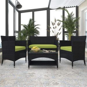 Patio Furniture Sets Clearance, 4 Piece Wicker Patio Set with Glass Dining Table, Loveseat & Cushioned Wicker Chairs, Modern Rattan Outdoor Conversation Sets for Backyard, Porch, Garden, L3121