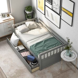 Twin Daybed Bed, SEGMART Captain Sofa Bed with 2 Storage Drawers, Wood Twin Daybed Bed with 10 Slats Strong Support, Farmhouse Style Solid Wood Bedframe for Kid's Room, Teens, Grey, S321