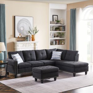 SEGMART Black Mid-Century Sectional Sofa with Chaise Lounge and Storage Ottoman for Living Room, 97.5'' Wide Upholstered Linen Fabric Sectional Sofas with Solid Wood Frame and Cupholder, S5407