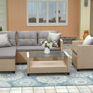 4 Piece Outdoor Wicker Furniture Set with Loveseat Sofa, Lounge Chair, Wicker Chair, Coffee Table, All-Weather Patio Sectional Sofa Set with Cushions for Backyard Garden Pool, LL