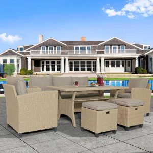 6 Piece Outdoor Wicker Set, Rattan Wicker Patio Furniture with 3-Seat Sofa, Wicker Chairs, Stools, Dining Table, All-Weather Patio Dining Set with Cushions for Backyard, Garden, Pool, L4853