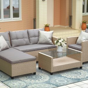 4 Piece Outdoor Deck Furniture Sets with Loveseat Sofa, Lounge Chair, Wicker Chair, Coffee Table, All-Weather Patio Conversation Set with Cushions for Backyard, Porch, Garden, Pool, L4980