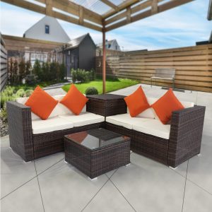 Outdoor Patio Chairs & Seating Sets Furniture for Outdoor Patio, 4-Piece Wicker Conversation Set w/L-Seats Sofa, R-Seats Sofa, Cushion box, Tempered Glass Dining Table, Padded Cushions, S8316