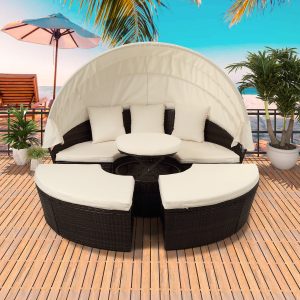 4 Piece Patio Daybed Set, Outdoor Round Daybed with Retractable Canopy, 2 Separates Cushioned Seats & 1 Round Center Table, PE Rattan Conversation Sofa Set for Porch Pool Garden Deck, K2533