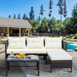 Outdoor Patio Sectional Sofa Sets, SEGMART 3 Pieces Modern Wicker Furniture Set Tempered Glass Coffee Table, 3 PCS Outdoor Rattan, Conversation Sets for Porch Poolside Backyard, Beige, S8517