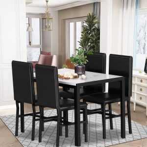 5 Piece Modern Dining Table Sets, Metal Dinette Set Faux Marble Rectangular Breakfast Table with Metal Legs & Black Finish Frame, Dining Table & Chairs for Apartment or Breakfast Nook, SS1264