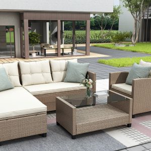 4 Piece Patio Furniture Set with Loveseat Sofa, Lounge Chair, Wicker Chair, Coffee Table, All-Weather Outdoor Conversation Set with Cushions for Backyard, Porch, Garden, Poolside, LLL1323