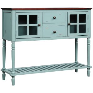 Console Table Buffet Sideboard with 2 Drawers and 2 Glass Cabinet, Retro Farmhouse Tall Wood Sideboard Cupboard w/Solid Wood Frame and Legs and Bottom Shelf for Kitchen, 114lbs, Retro Blue, S6766