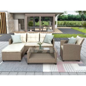 Outdoor Garden Patio Sectional Sofa Sets, SEGMART 4 Pieces Modern Wicker Furniture Set with Storage Tempered Glass Coffee Table, Armchair, Conversation Sets for Porch Poolside Backyard, S8537