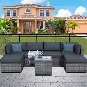 SEGMART 7 Pieces Outdoor Patio Furniture Sofa Sets, Sectional Sofa Sets with Seat Cushions & Polywood Table, Conversation Sets with 2 Ottomans for Porch, Backyard, S1462
