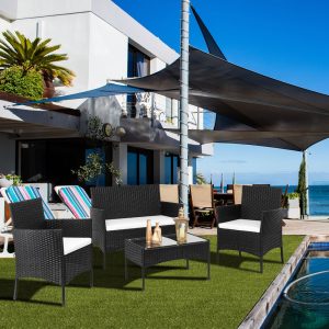 Segmart Patio Conversation Furniture Set, 4 Pieces Outdoor Wicker Rattan Chairs Sofa with Soft Cushion and Glass Table, Backyard Balcony Porch Poolside loveseat and 2pcs Single Chair, S10231