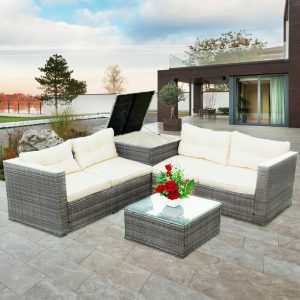 Rattan Wicker Patio Furniture, 4 Piece Outdoor Conversation Set with Storage Ottoman, All-Weather Sectional Sofa Set with Creme Cushions and Table for Backyard, Porch, Garden, Poolside,L4527