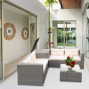 Rattan Wicker Patio Furniture, 4 Piece Outdoor Conversation Set with Storage Ottoman, All-Weather Sectional Sofa Set with Creme Cushions and Table for Backyard, Porch, Garden, Poolside,L4527