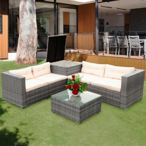 Patio Wicker Sectional Sofa Set, 4 Piece Outdoor Conversation Set with Storage Ottoman, All-Weather Wicker Patio Furniture with Creme Cushions and Table for Backyard, Porch, Garden, Poolside, L4523
